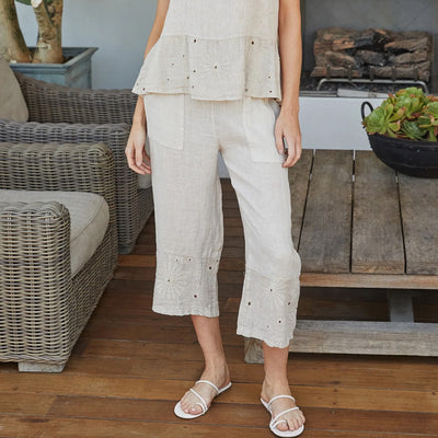 Italian Linen Crop Pant With Embroidered Cuff