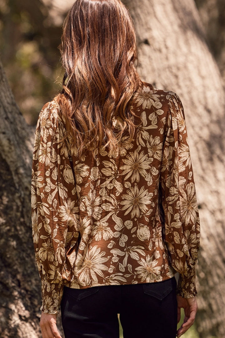 Fall Flower Sheer Printed Blouse (Plus Size)