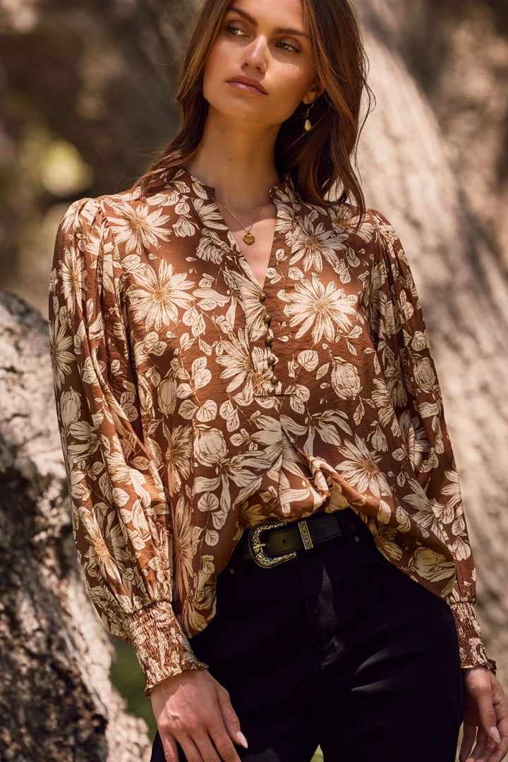 Fall Flower Sheer Printed Blouse (Plus Size)