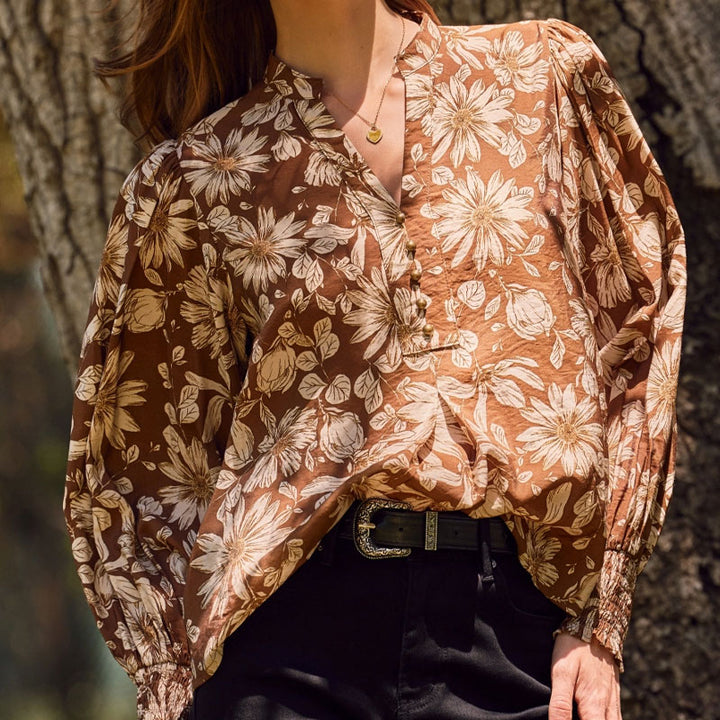 Fall Flower Sheer Printed Blouse (Plus Size)