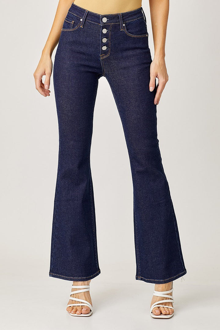 Mid Rise Button Down Flare Jeans