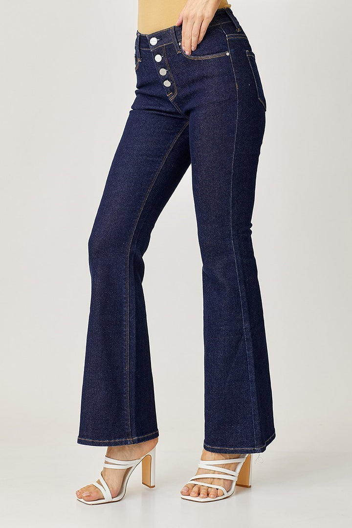 Mid Rise Button Down Flare Jeans