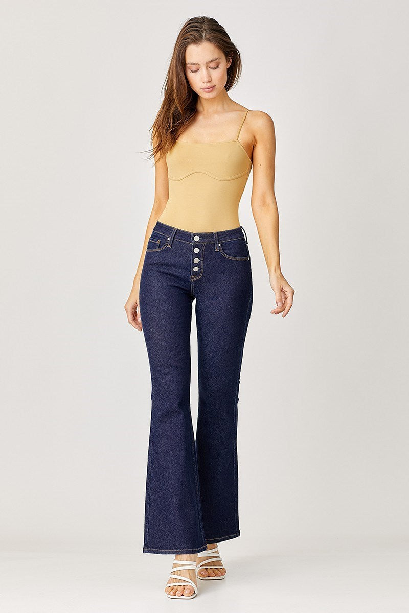 Mid Rise Button Down Flare Jeans