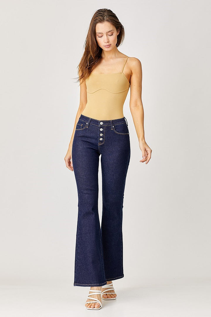 Mid Rise Button Down Flare Jeans