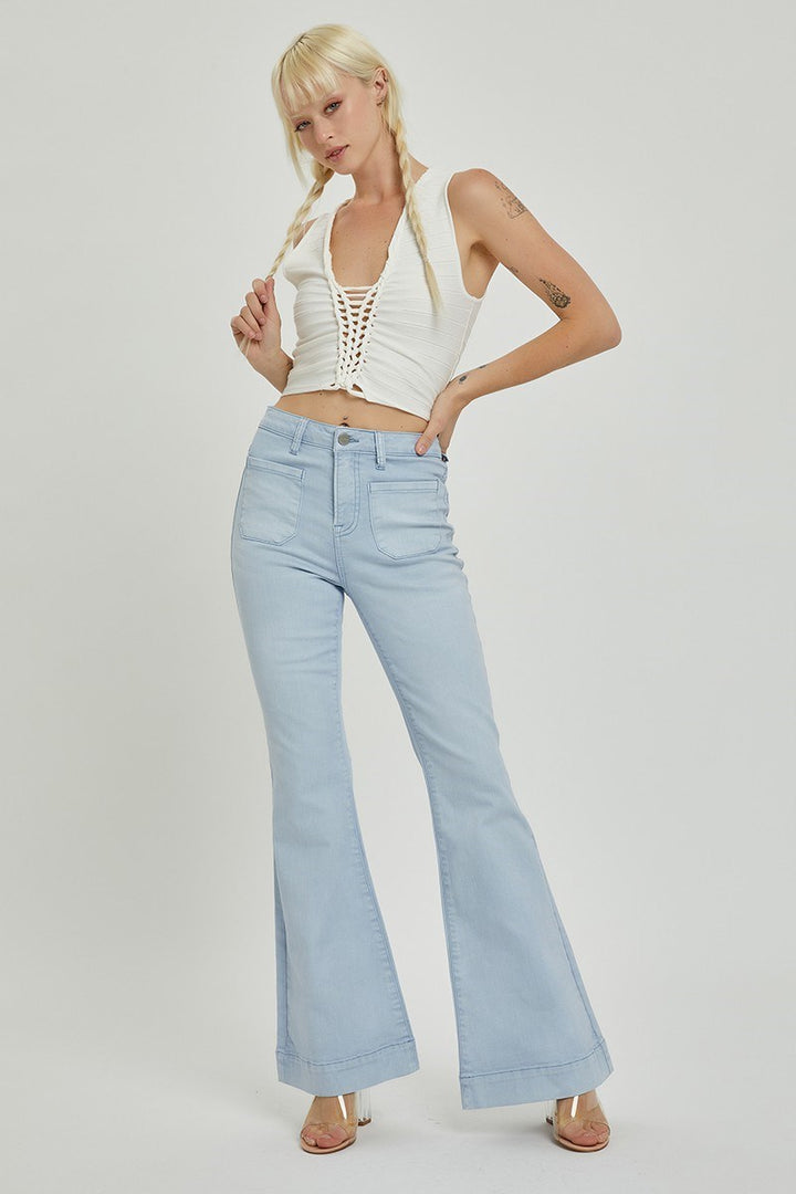 Ice Blue High Rise Front Patch Bell Bottom Pants