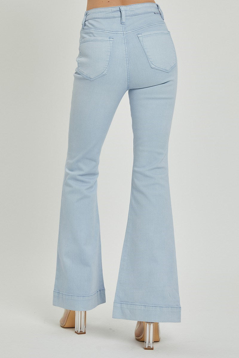Ice Blue High Rise Front Patch Bell Bottom Pants