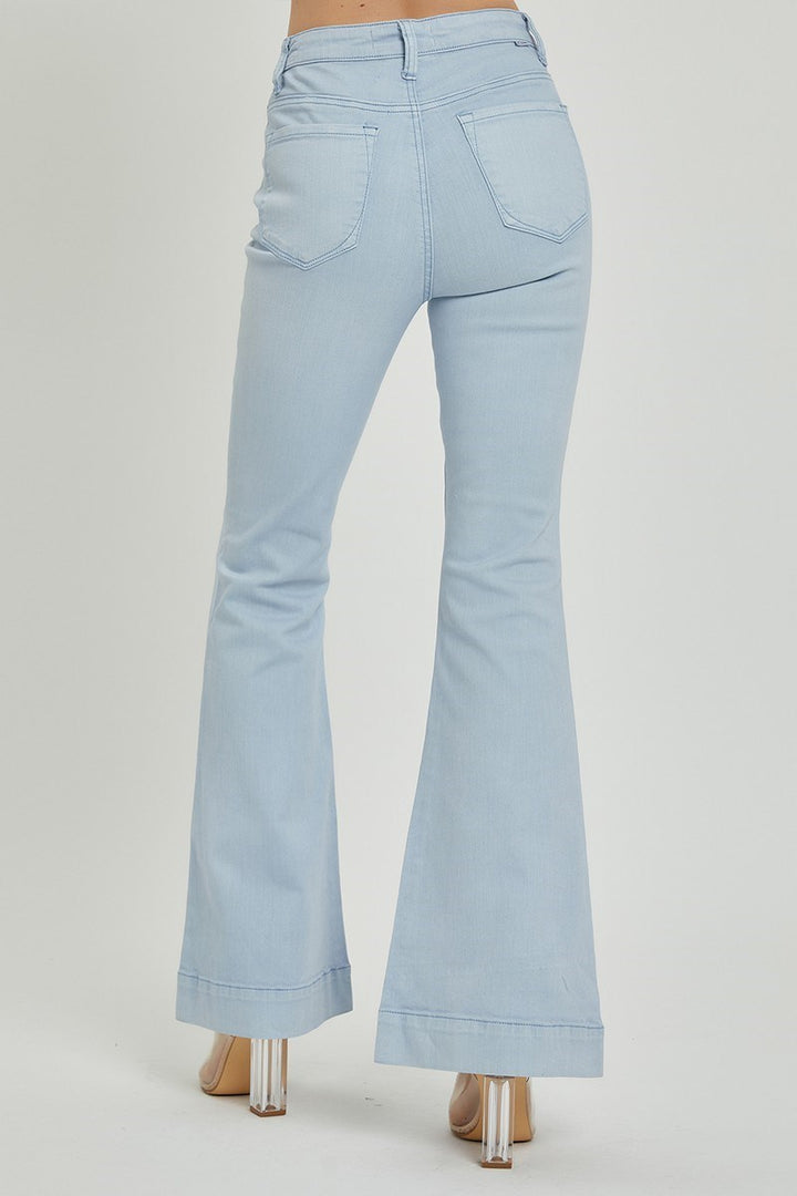 Ice Blue High Rise Front Patch Bell Bottom Pants