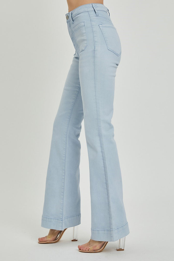 Ice Blue High Rise Front Patch Bell Bottom Pants