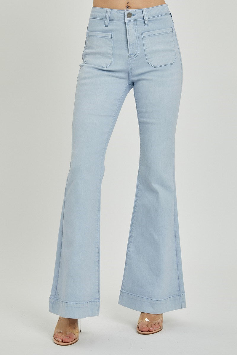 Ice Blue High Rise Front Patch Bell Bottom Pants