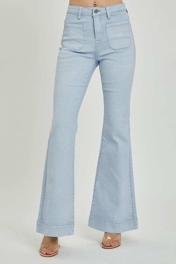 Ice Blue High Rise Front Patch Bell Bottom Pants