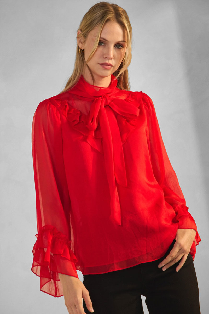 Scarlet Chiffon Mock Neck Blouse