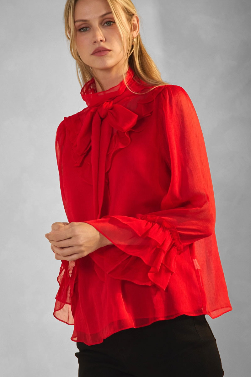 Scarlet Chiffon Mock Neck Blouse