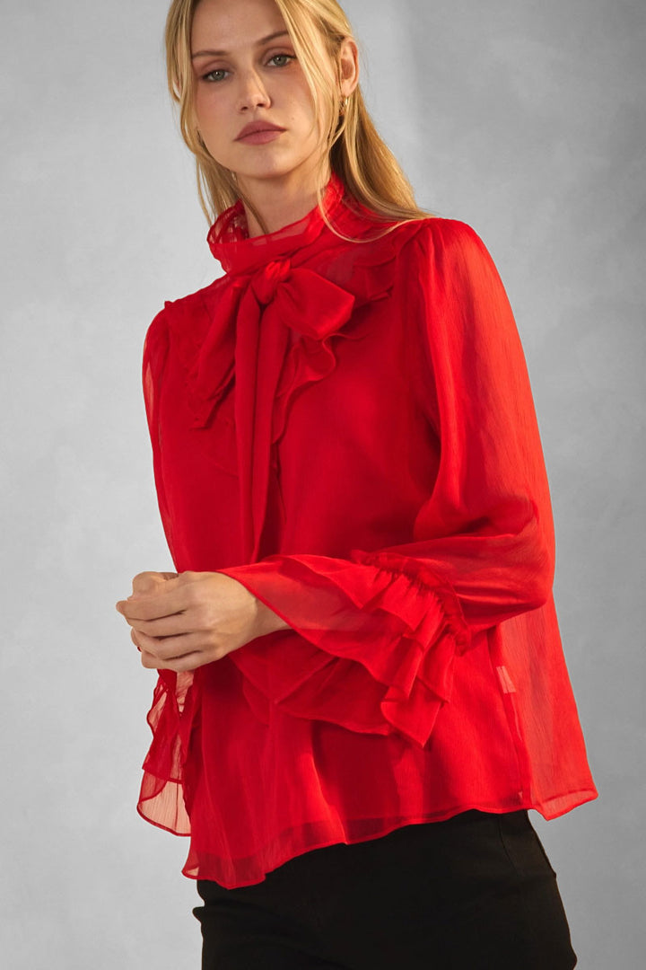 Scarlet Chiffon Mock Neck Blouse