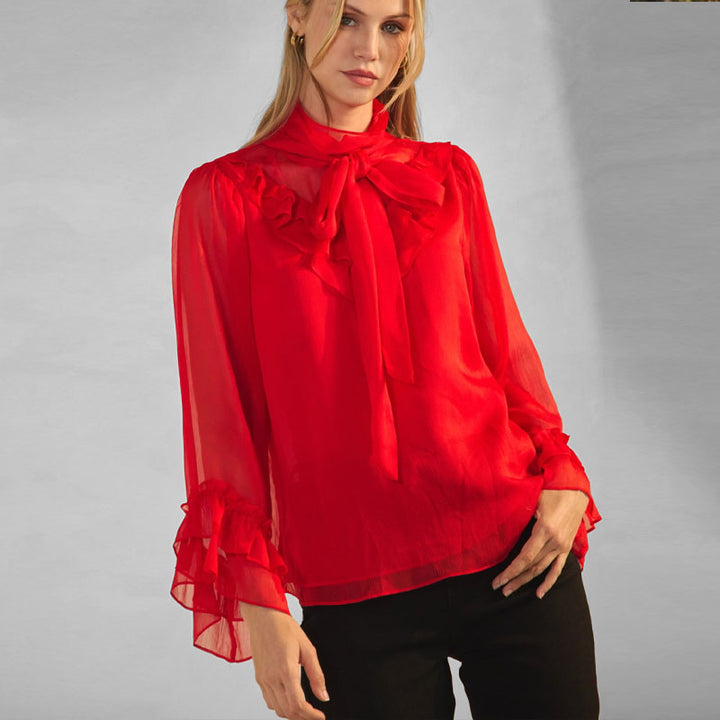 Scarlet Chiffon Mock Neck Blouse
